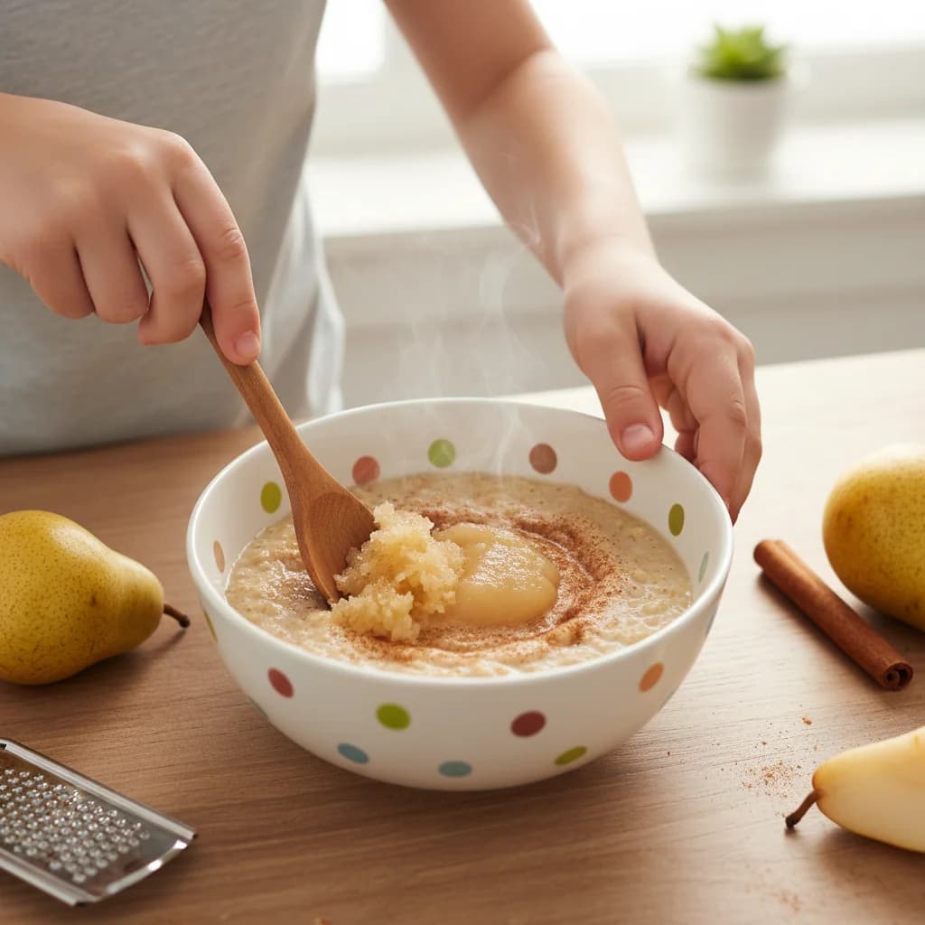 Step 8: **Add the pear:** Stir in the finely grated pear (or pear purée) while the oatmeal is still hot. The for Cozy Pear & Cinnamon Oatmeal for Baby