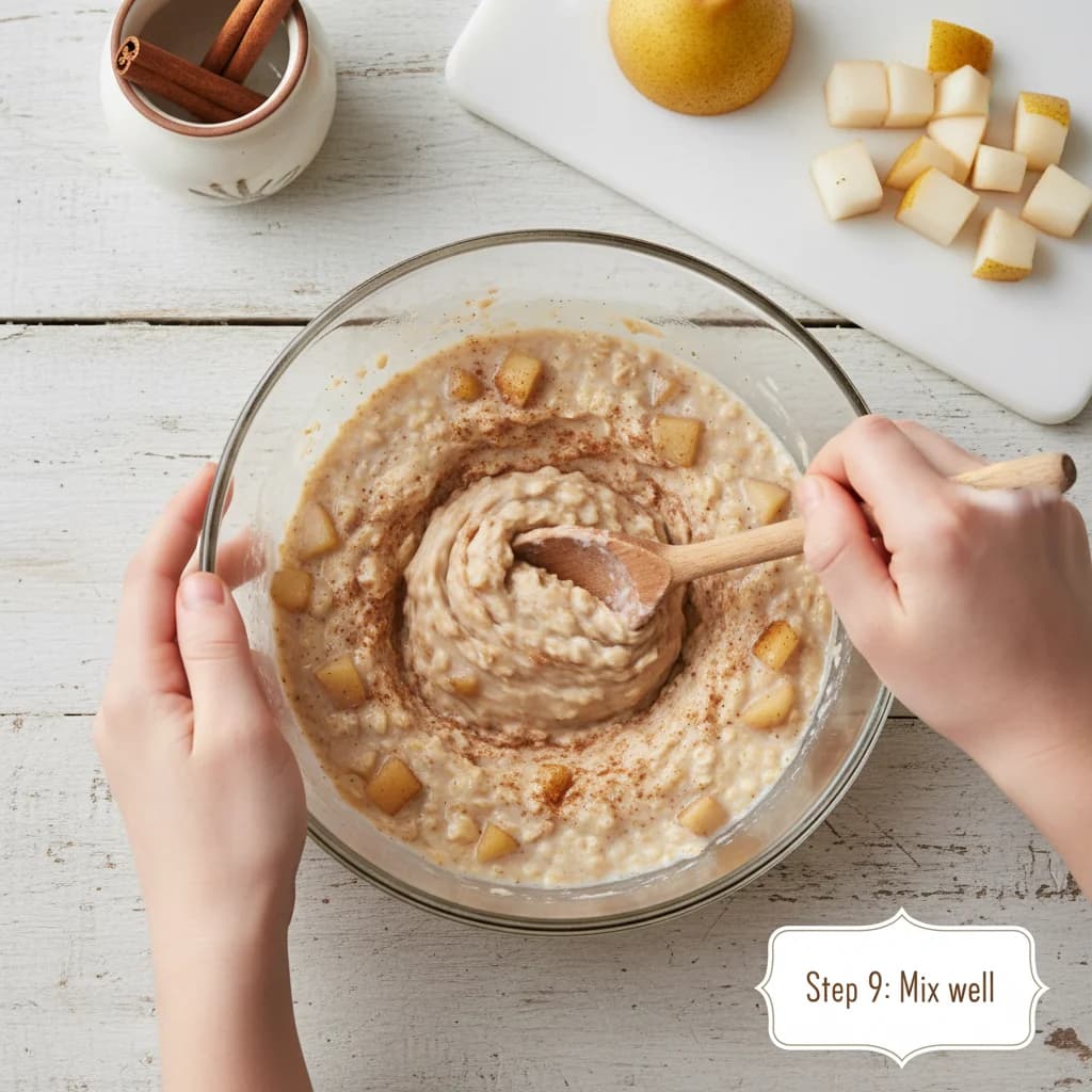 Step 9: **Mix well:** Mix the pear thoroughly into the oatmeal until it is evenly distributed. for Cozy Pear & Cinnamon Oatmeal for Baby