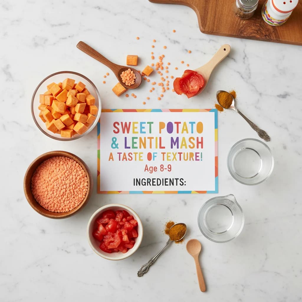 All ingredients needed for Sweet Potato & Lentil Mash: A Taste of Texture! arranged on a clean surface