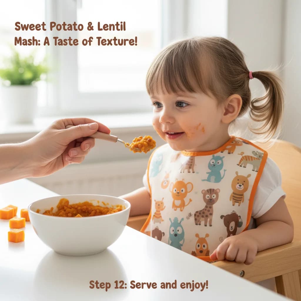 Step 12: **Step 12: Serve and enjoy!** Spoon-feed the Sweet Potato & Lentil Mash to your baby. Observe their for Sweet Potato & Lentil Mash: A Taste of Texture!