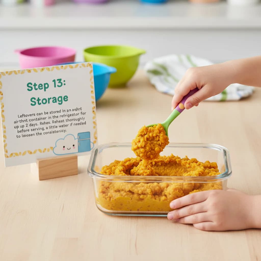 Step 13: **Step 13: Storage.** Leftovers can be stored in an airtight container in the refrigerator for up to for Sweet Potato & Lentil Mash: A Taste of Texture!