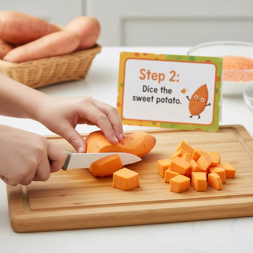 Step 2: **Step 2: Dice the sweet potato.** Peel the sweet potato and dice it into small, uniform pieces, app for Sweet Potato & Lentil Mash: A Taste of Texture!