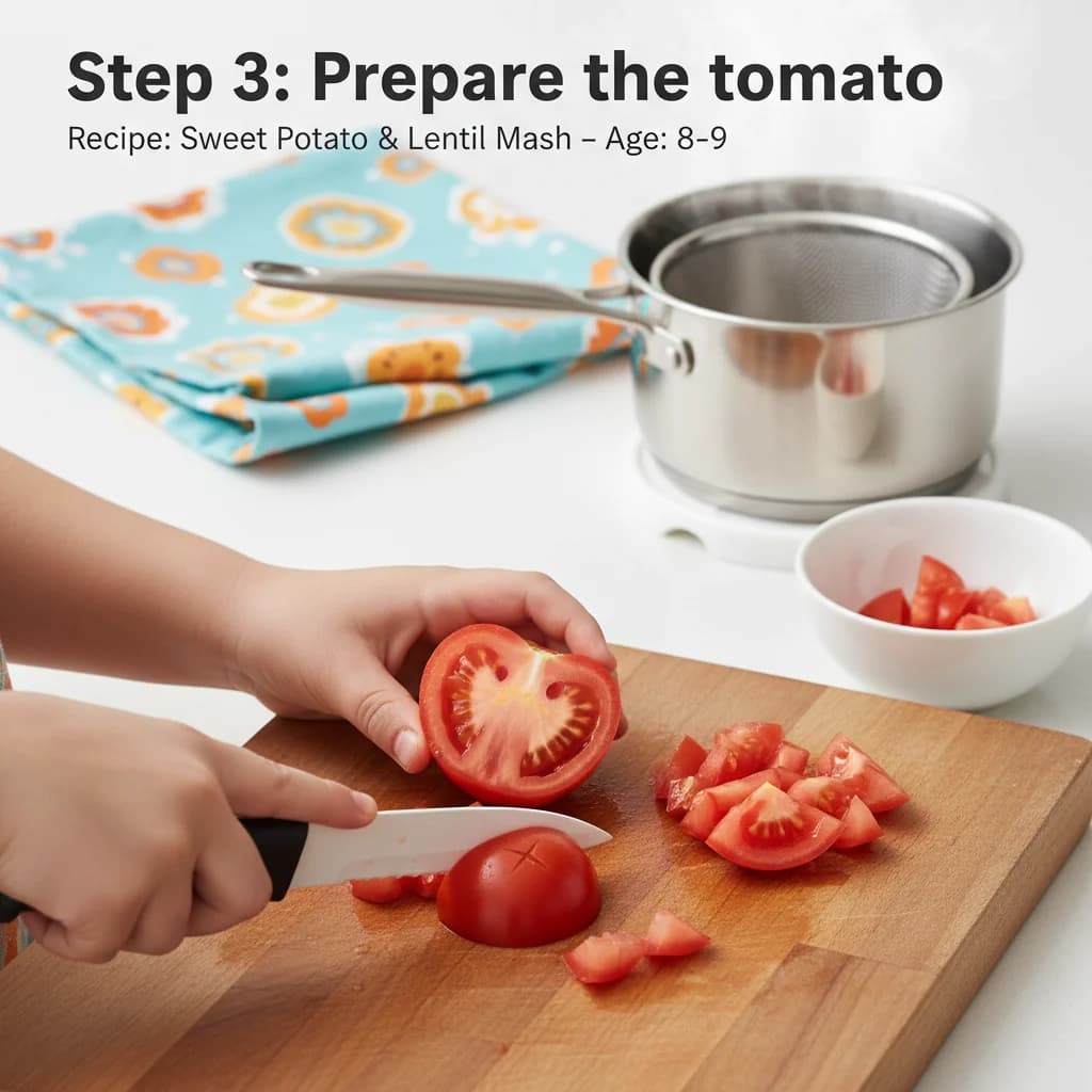 Step 3: **Step 3: Prepare the tomato.** Peel the tomato by scoring a shallow 'X' at the bottom, then briefly for Sweet Potato & Lentil Mash: A Taste of Texture!
