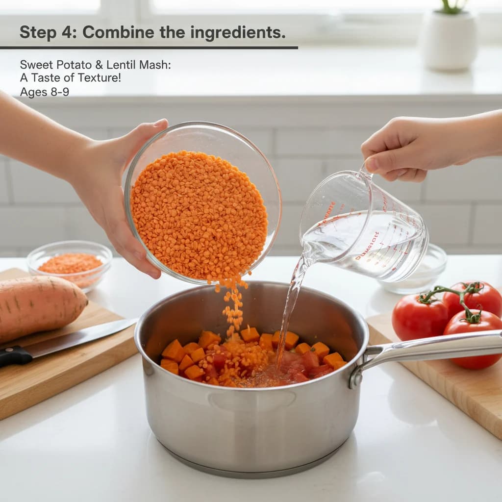 Step 4: **Step 4: Combine the ingredients.** In a medium-sized pot, combine the rinsed red lentils, diced sw for Sweet Potato & Lentil Mash: A Taste of Texture!