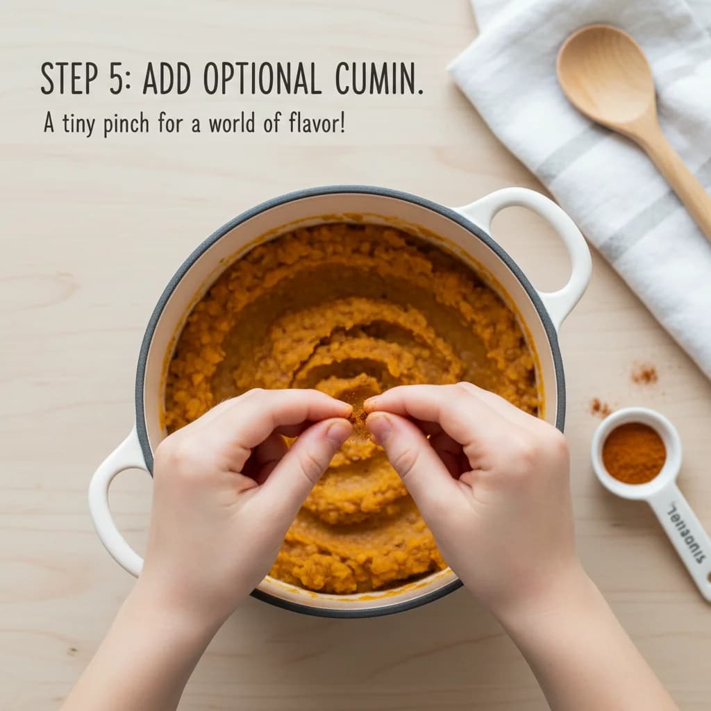 Step 5: **Step 5: Add optional cumin.** If using cumin, add a very small pinch (less than 1/8 tsp) to the po for Sweet Potato & Lentil Mash: A Taste of Texture!