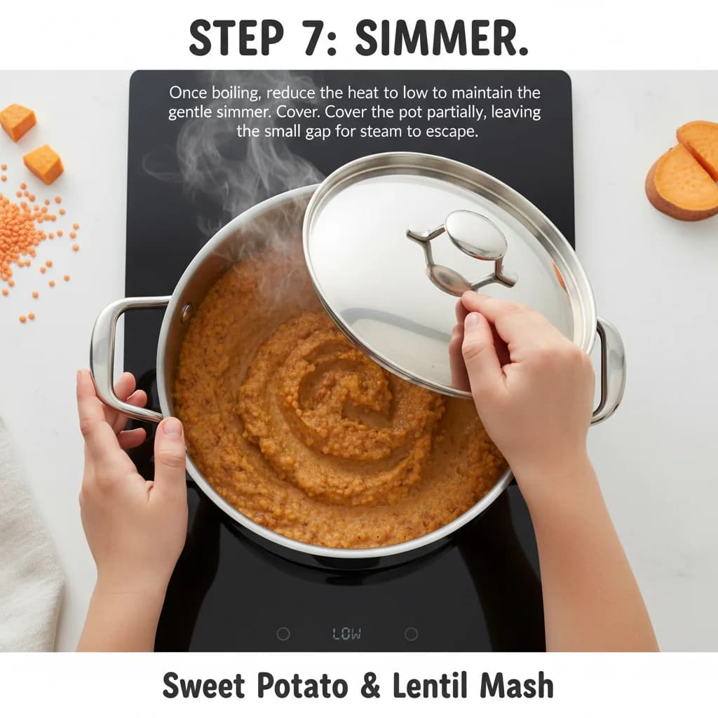 Step 7: **Step 7: Simmer.** Once boiling, reduce the heat to low to maintain a gentle simmer. Cover the pot for Sweet Potato & Lentil Mash: A Taste of Texture!