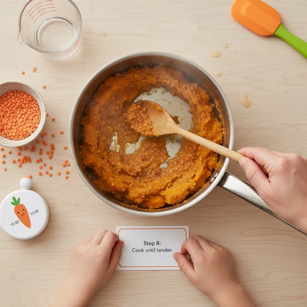 Step 8: **Step 8: Cook until tender.** Cook for approximately 15 minutes, stirring occasionally, until the l for Sweet Potato & Lentil Mash: A Taste of Texture!