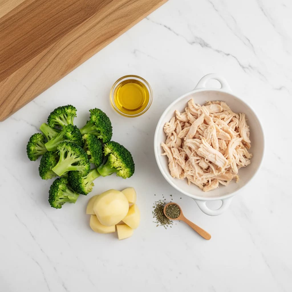 All ingredients needed for Chicken, Broccoli & Potato Mash arranged on a clean surface