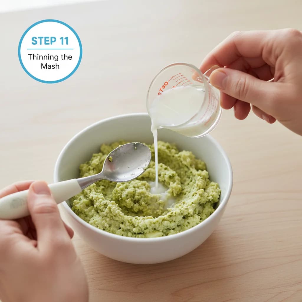 Step 11: If the mash is too thick, add a tablespoon of the cooking water or warm formula/breast milk to thin for Chicken, Broccoli & Potato Mash