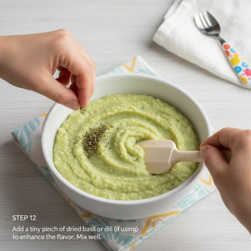 Step 12: Add a tiny pinch of dried basil or dill (if using) to enhance the flavor. Mix well to distribute the for Chicken, Broccoli & Potato Mash