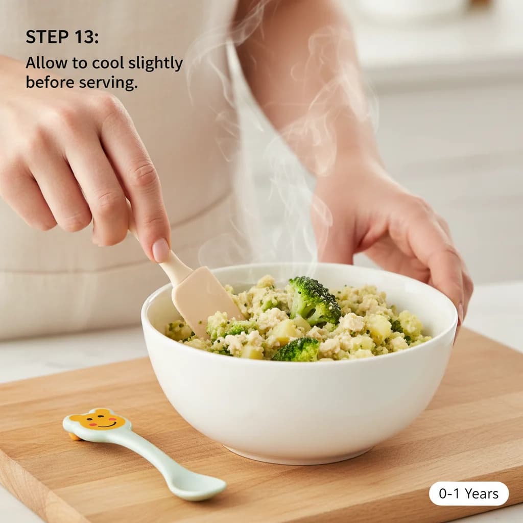 Step 13: Allow the mash to cool slightly before serving to ensure it is not too hot for the baby. for Chicken, Broccoli & Potato Mash