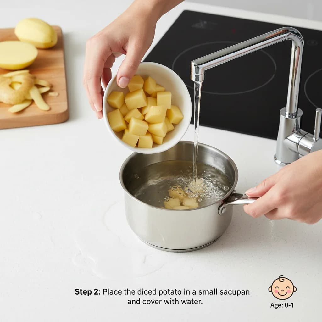 Step 2: Place the diced potato in a small saucepan and cover with water. for Chicken, Broccoli & Potato Mash