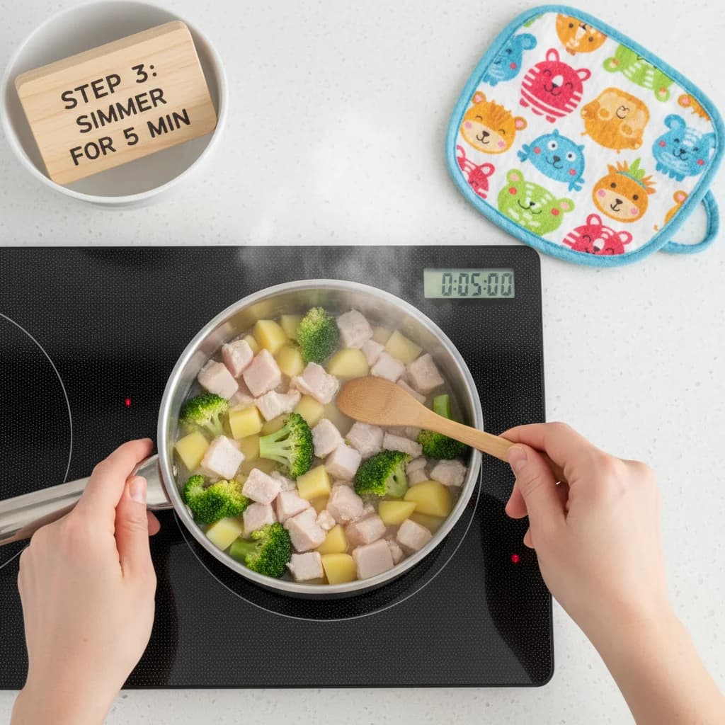 Step 3: Bring the water to a boil over medium-high heat, then reduce heat to low and simmer for 5 minutes. for Chicken, Broccoli & Potato Mash