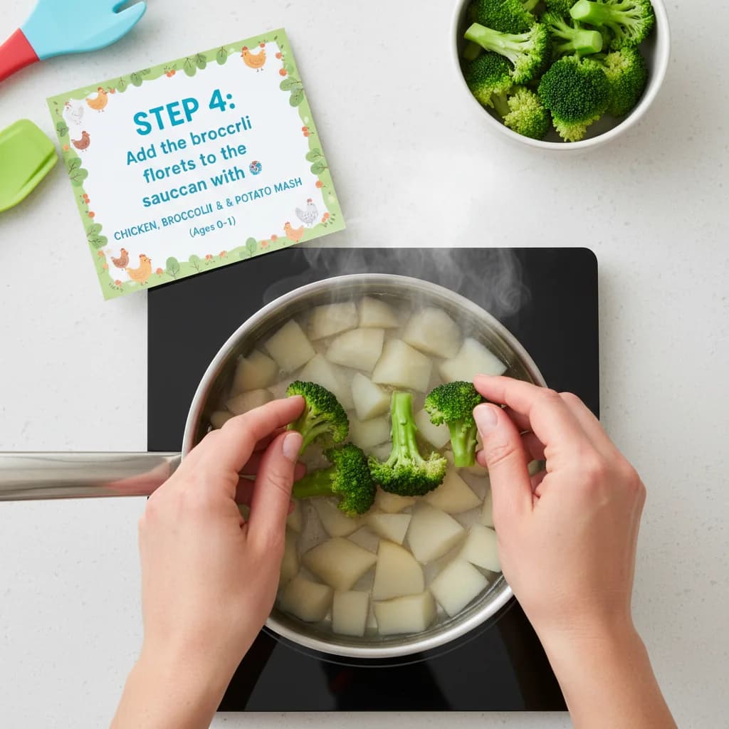 Step 4: Add the broccoli florets to the saucepan with the potatoes. for Chicken, Broccoli & Potato Mash