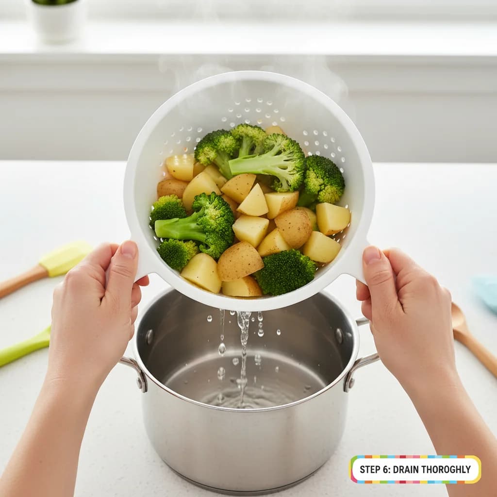 Step 6: Drain the potatoes and broccoli thoroughly, removing all excess water. for Chicken, Broccoli & Potato Mash
