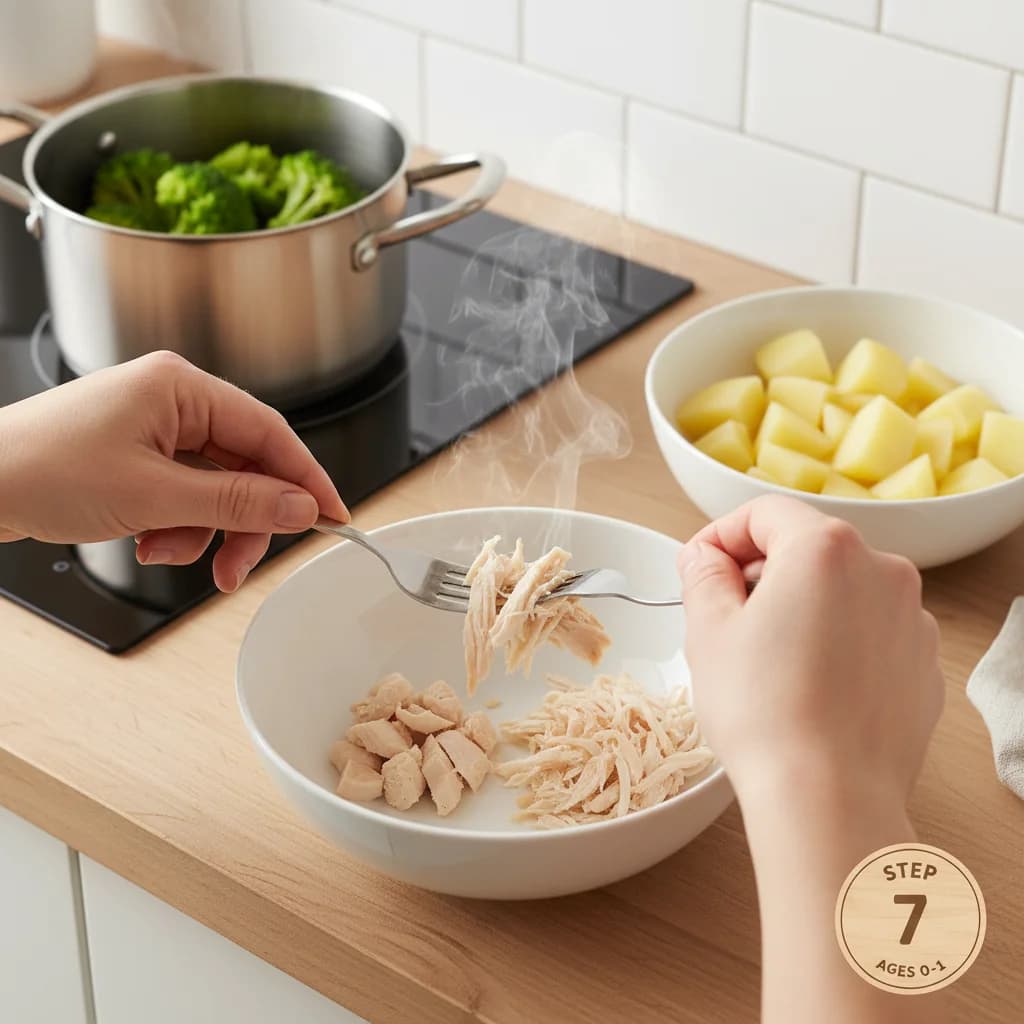 Step 7: If using raw chicken, cook by boiling or steaming until cooked through. Finely shred or dice the coo for Chicken, Broccoli & Potato Mash