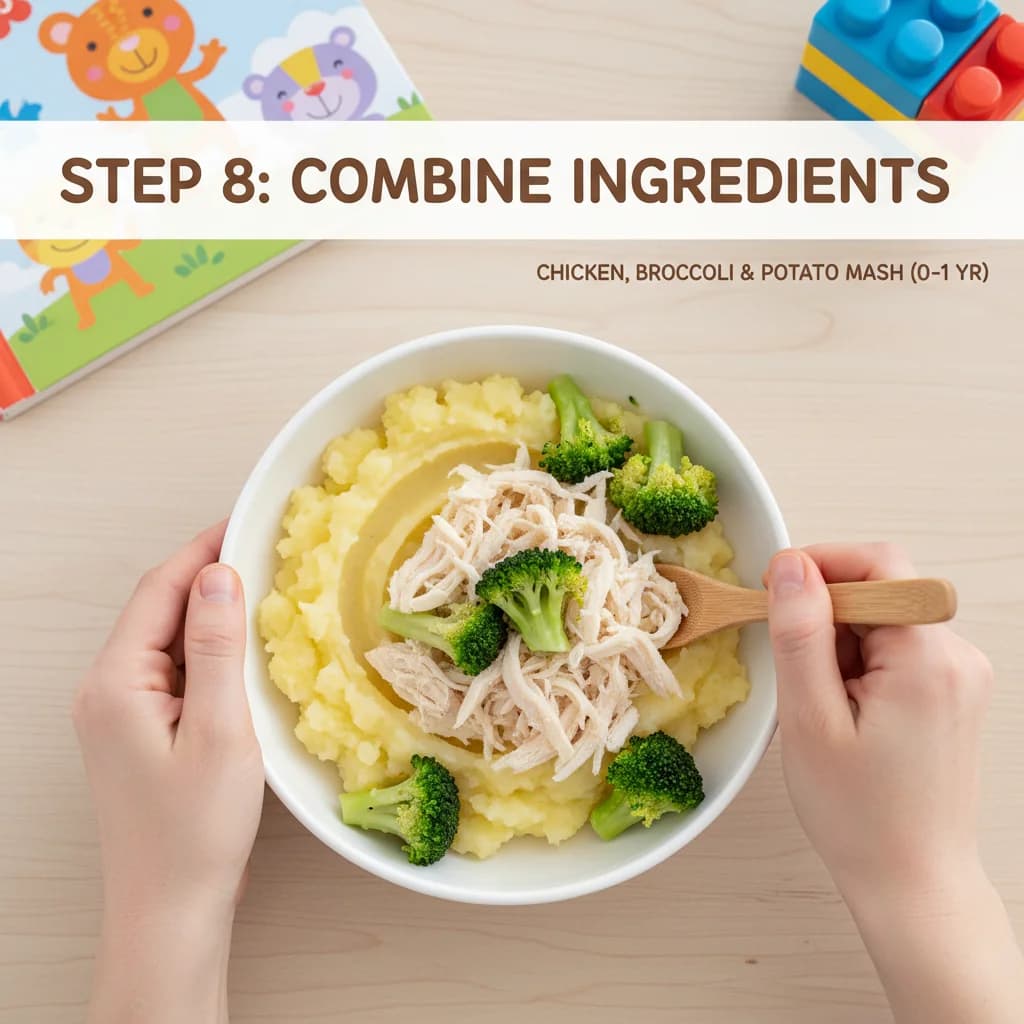 Step 8: In a bowl, combine the drained potatoes, broccoli, and shredded or diced chicken. for Chicken, Broccoli & Potato Mash