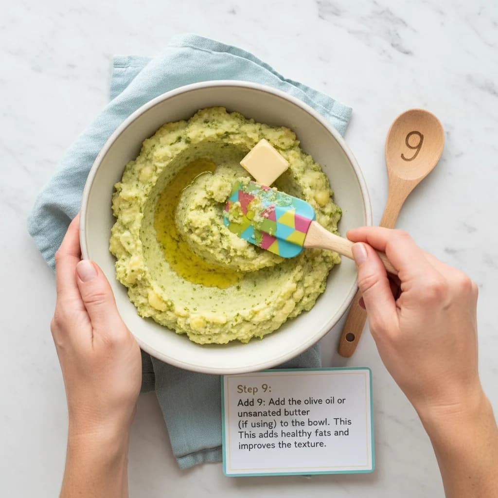 Step 9: Add the olive oil or unsalted butter (if using) to the bowl. This adds healthy fats and improves the for Chicken, Broccoli & Potato Mash