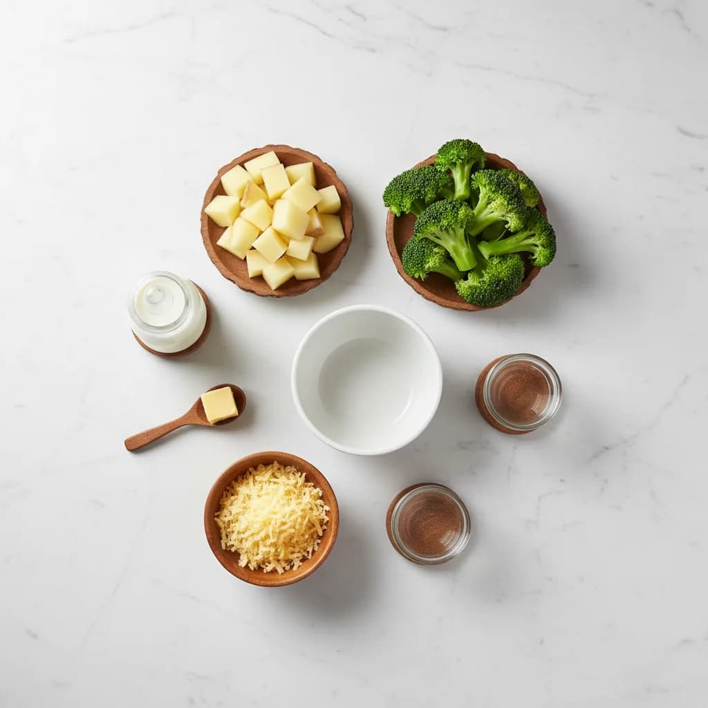 All ingredients needed for Cheesy Broccoli Baby Mash arranged on a clean surface