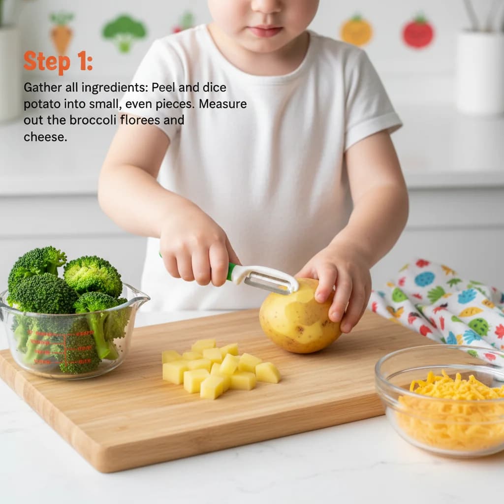 Step 1: Gather all ingredients: Peel and dice the potato into small, even pieces. Measure out the broccoli f for Cheesy Broccoli Baby Mash
