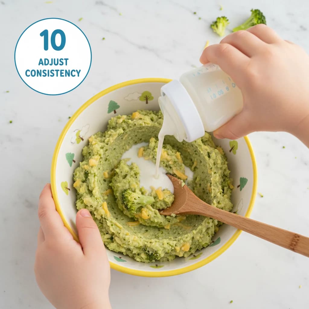 Step 10: Adjust consistency: If the mash is too thick, add a little more formula/breast milk to reach your de for Cheesy Broccoli Baby Mash
