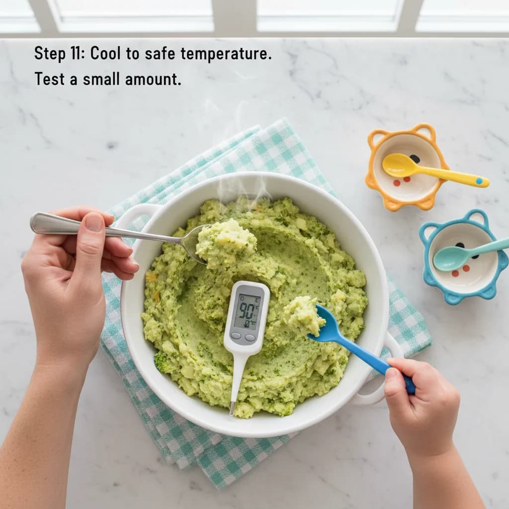 Step 11: Cool to safe temperature: Allow the mash to cool to a safe temperature before serving. Test a small for Cheesy Broccoli Baby Mash