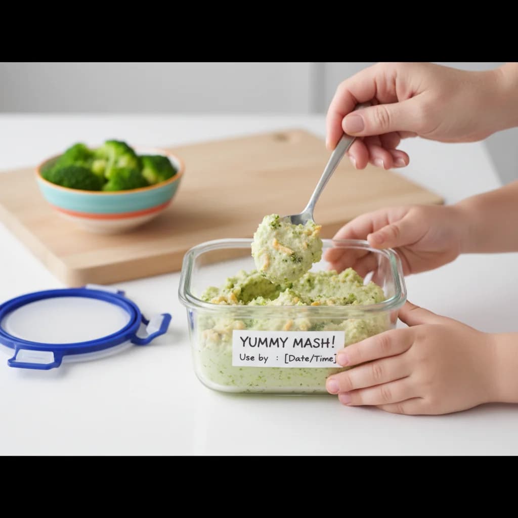 Step 13: Storage: Refrigerate any leftovers in an airtight container and use within 24 hours. Reheat gently b for Cheesy Broccoli Baby Mash