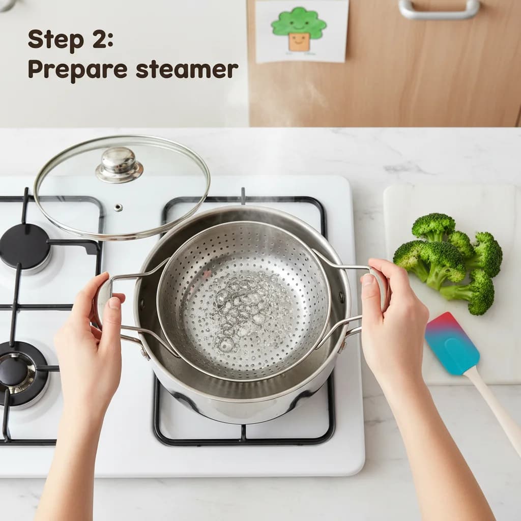 Step 2: Prepare steamer: Fill a pot with about an inch of water and bring to a boil. Place a steamer basket for Cheesy Broccoli Baby Mash