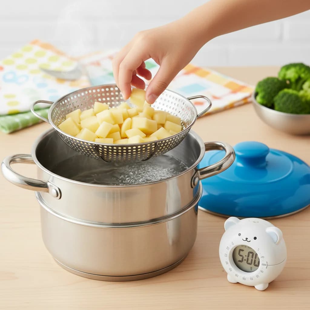 Step 3: Steam potato: Add the diced potato to the steamer basket. Cover the pot and steam for 5 minutes. for Cheesy Broccoli Baby Mash