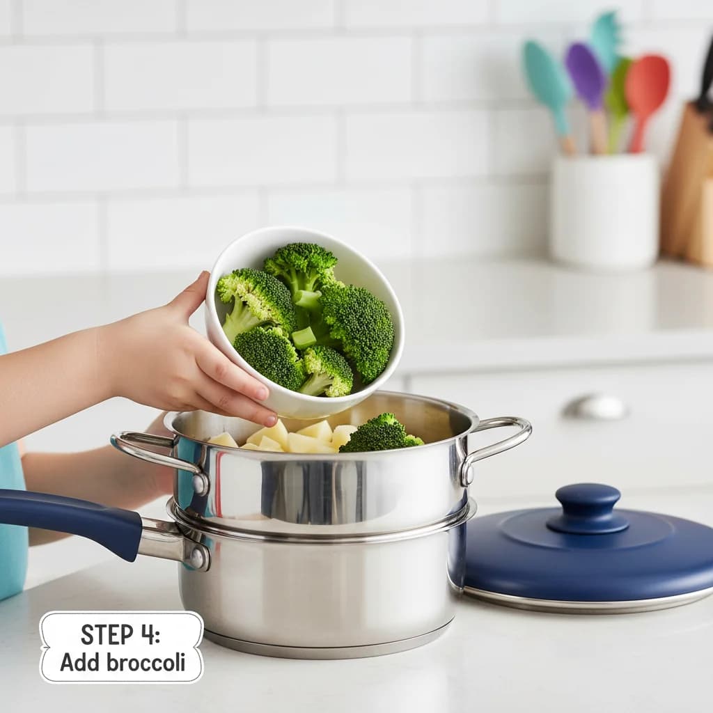 Step 4: Add broccoli: Add the broccoli florets to the steamer basket with the potato. Cover the pot again. for Cheesy Broccoli Baby Mash