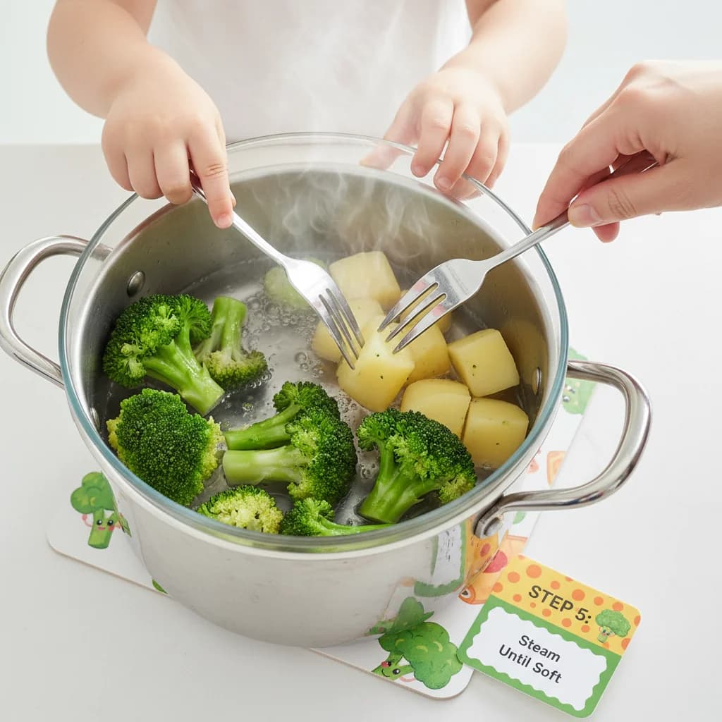 Step 5: Steam until soft: Continue steaming the potato and broccoli for another 5 minutes, or until both are for Cheesy Broccoli Baby Mash