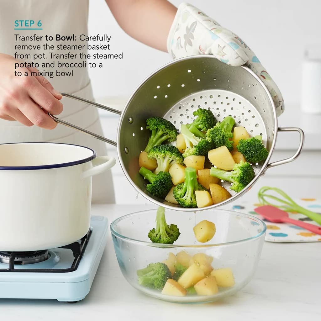 Step 6: Transfer to bowl: Carefully remove the steamer basket from the pot. Transfer the steamed potato and for Cheesy Broccoli Baby Mash