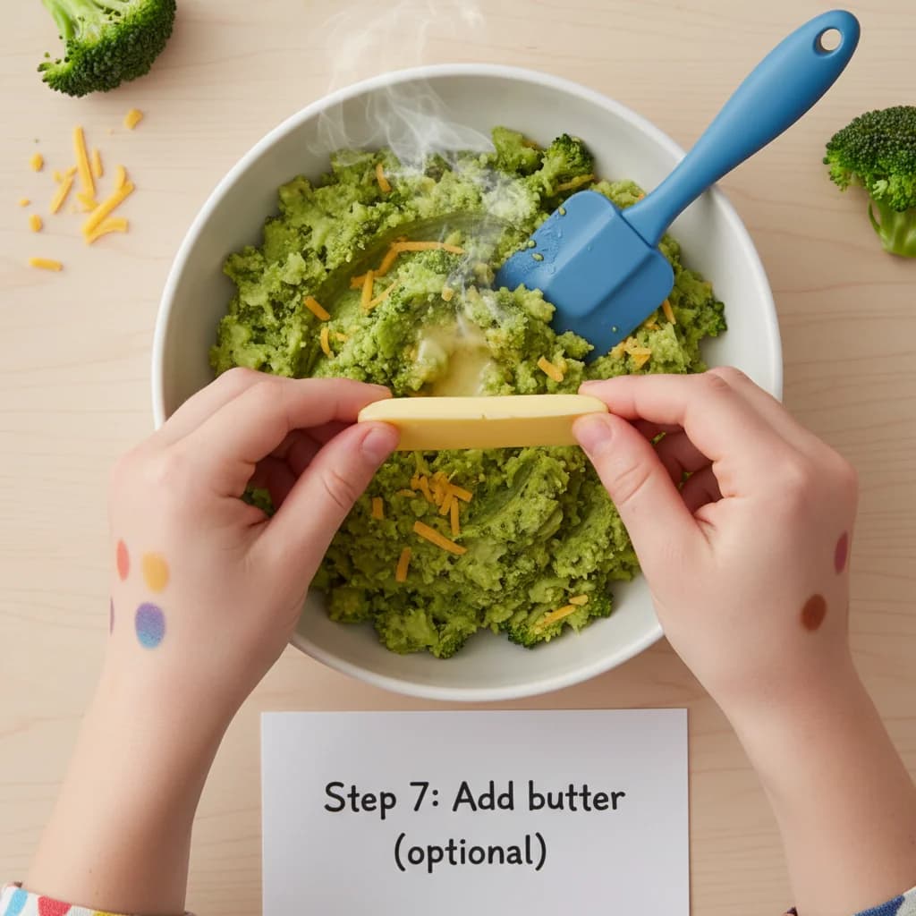 Step 7: Add butter (optional): If using butter, add it to the bowl with the hot vegetables. for Cheesy Broccoli Baby Mash
