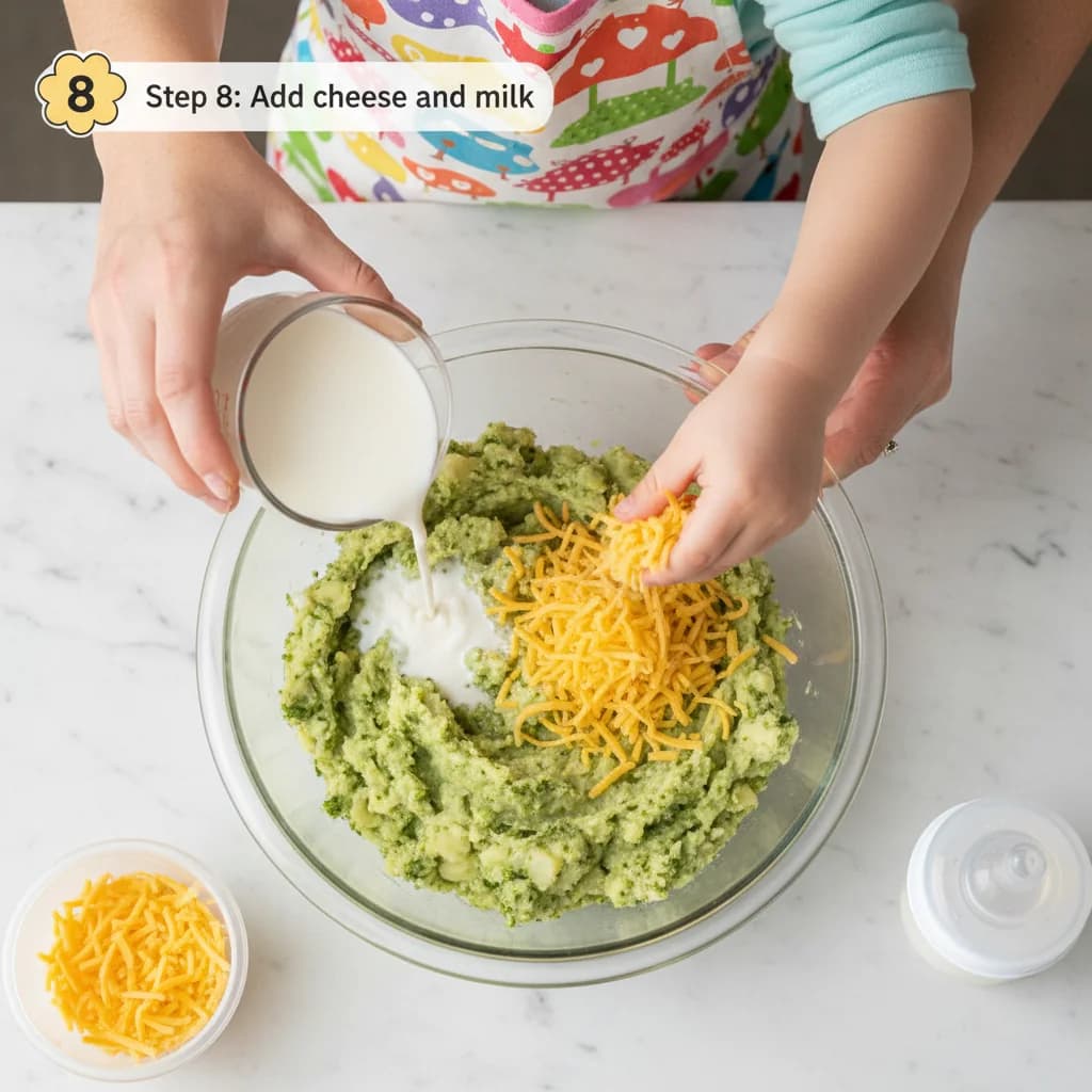 Step 8: Add cheese and milk: Add the grated cheese and formula/breast milk to the bowl. for Cheesy Broccoli Baby Mash