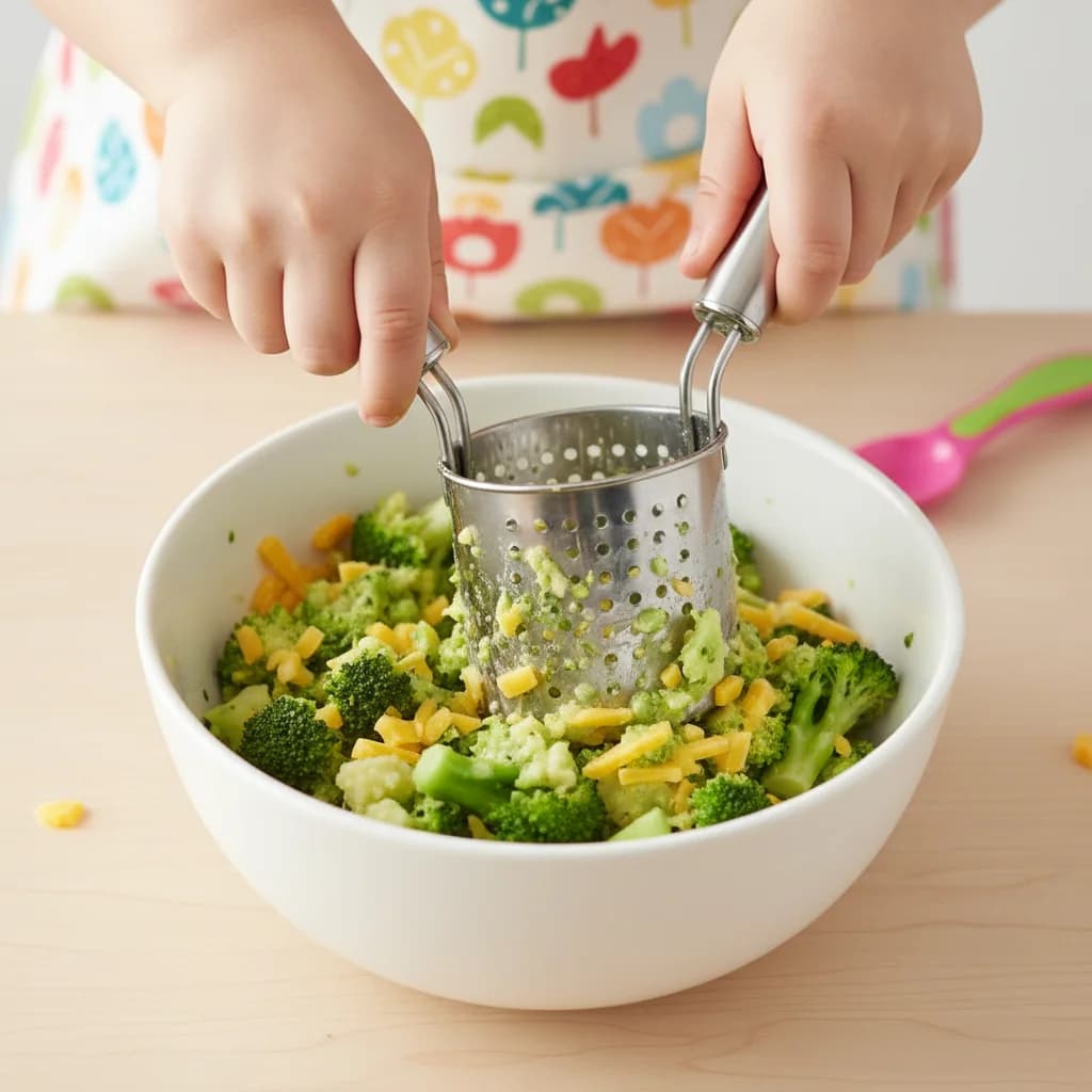 Step 9: Mash thoroughly: Use a fork or potato masher to mash the ingredients together until smooth and cream for Cheesy Broccoli Baby Mash