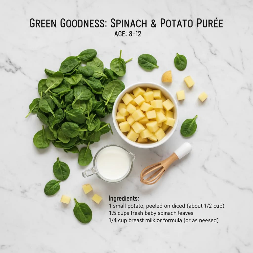 All ingredients needed for Green Goodness: Spinach & Potato Purée arranged on a clean surface