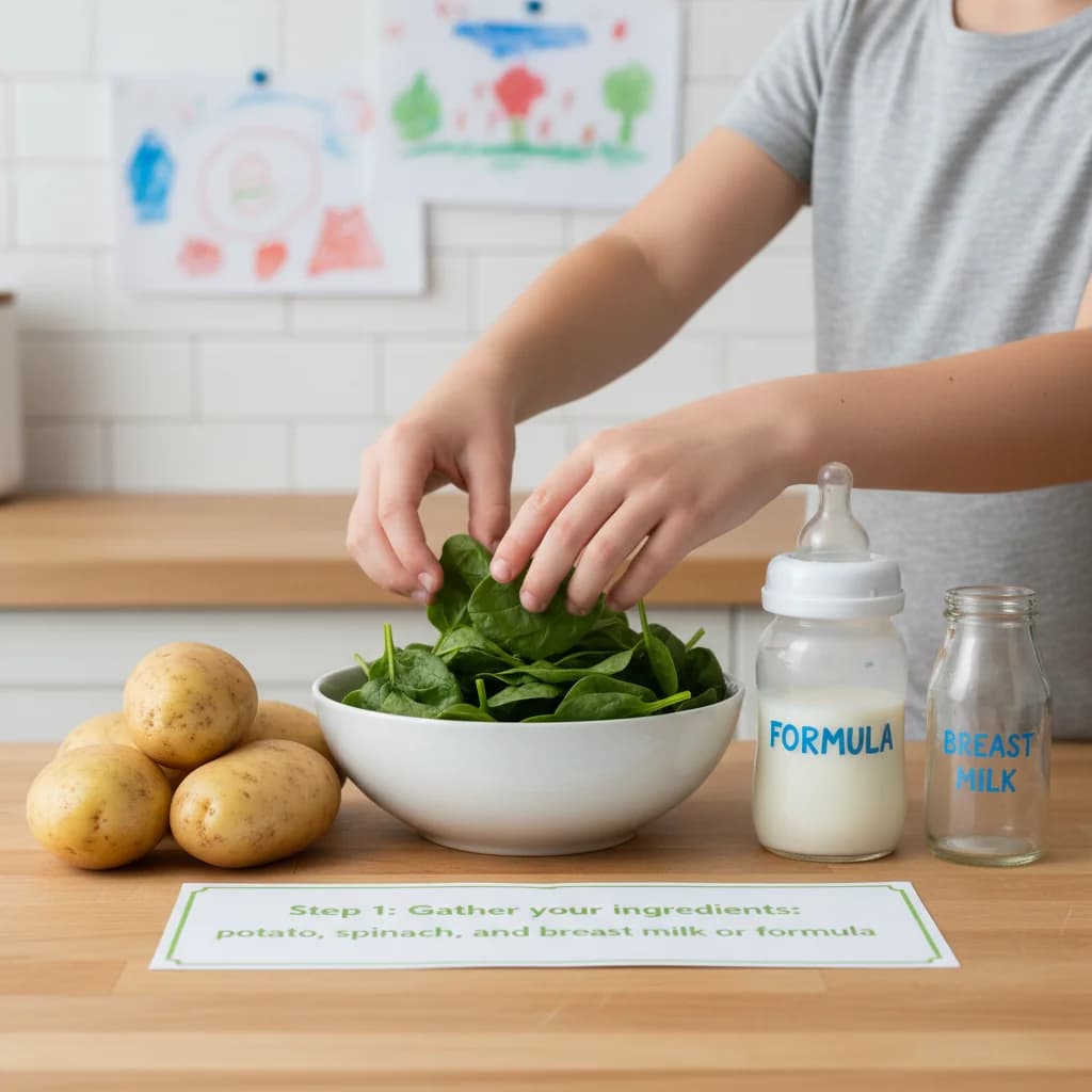 Step 1: Gather your ingredients: potato, spinach, and breast milk or formula. for Green Goodness: Spinach & Potato Purée
