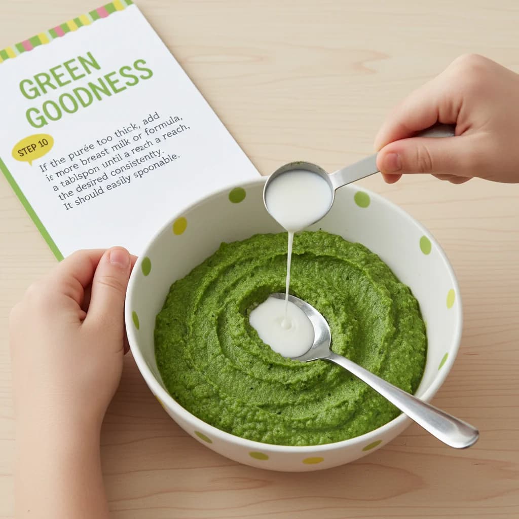 Step 10: If the purée is too thick, add more breast milk or formula, a tablespoon at a time, until you reach for Green Goodness: Spinach & Potato Purée