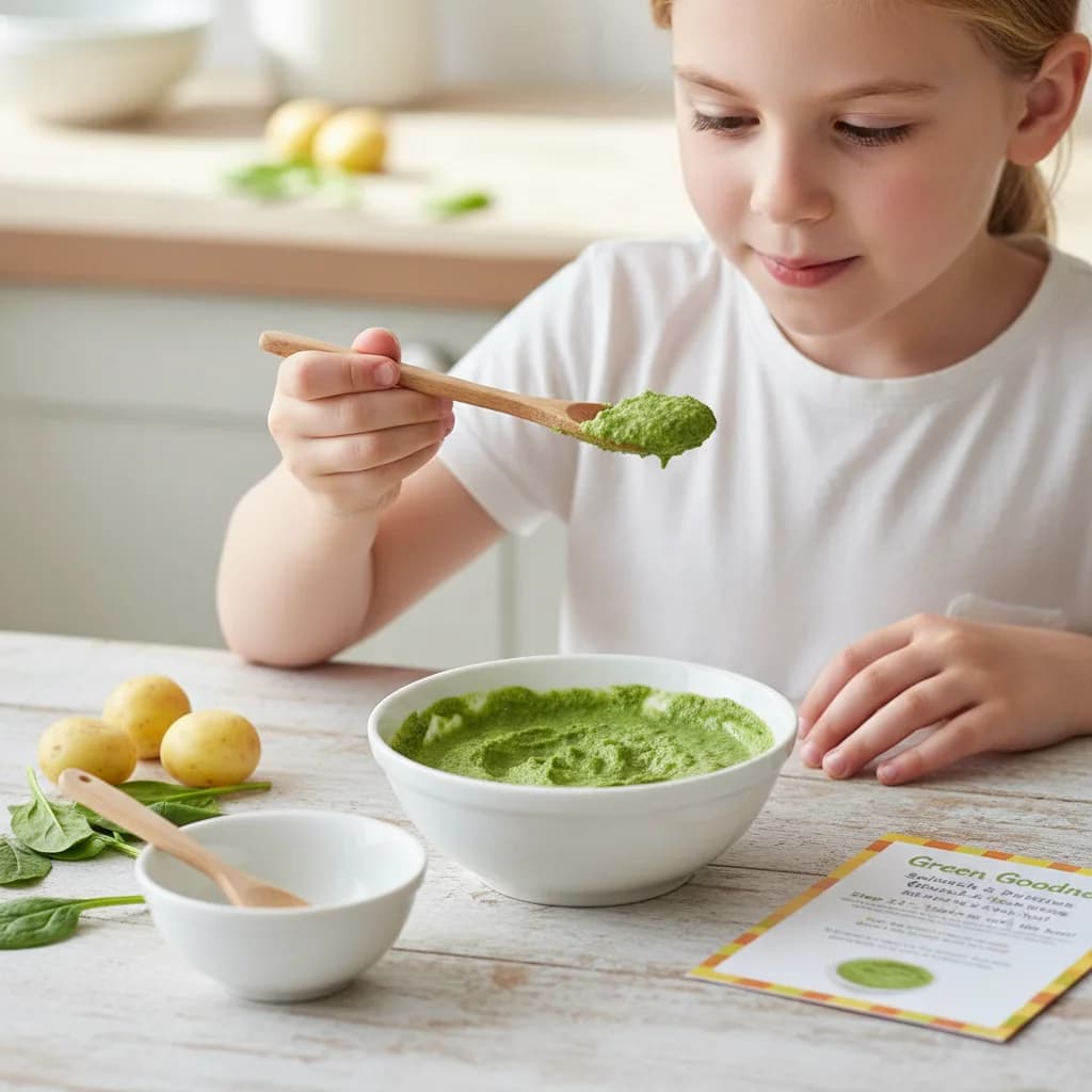 Step 11: Taste the purée to ensure it is not too hot before serving to your baby. for Green Goodness: Spinach & Potato Purée