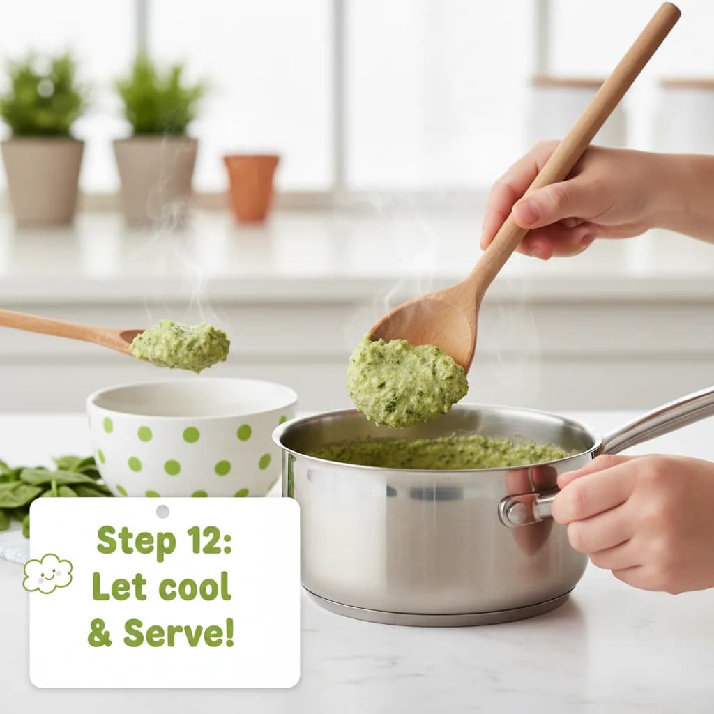 Step 12: Let the purée cool slightly before serving. Transfer to a bowl or spoon feed. for Green Goodness: Spinach & Potato Purée