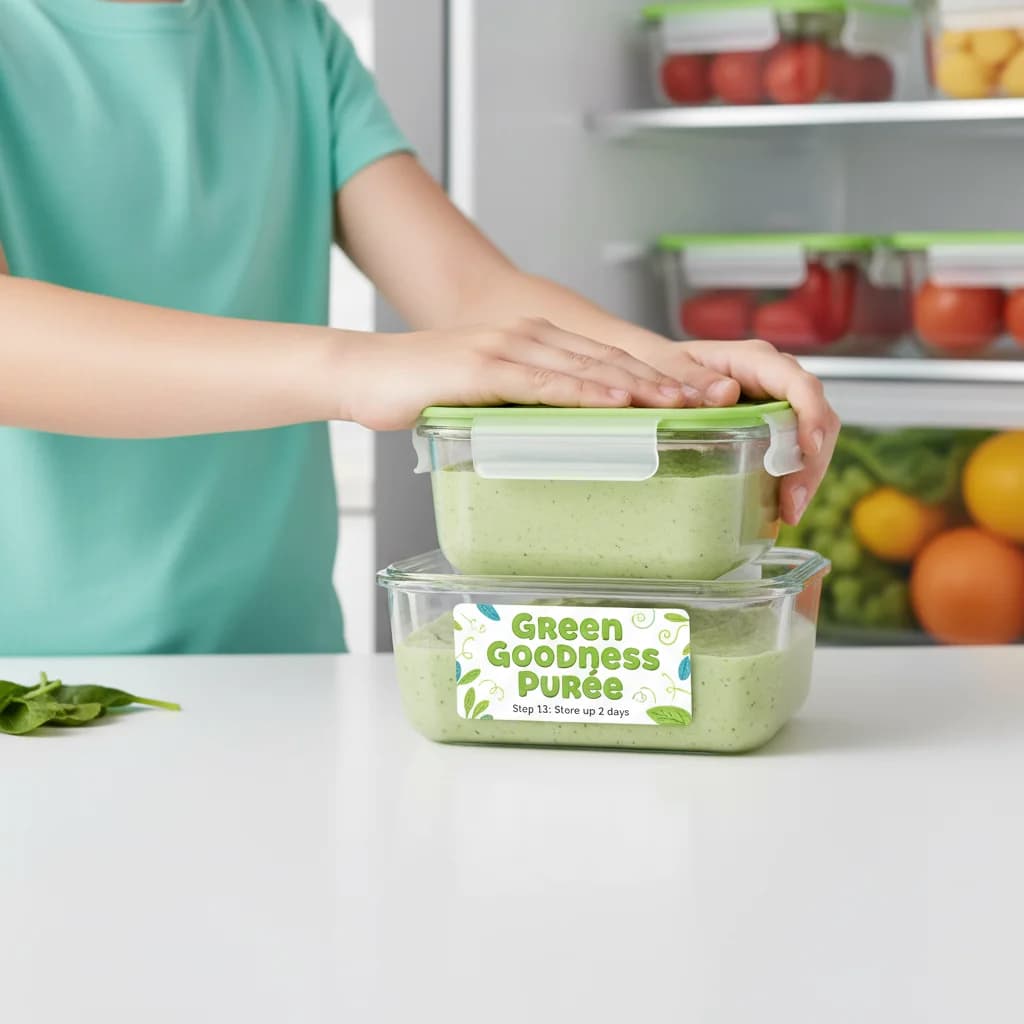Step 13: Store any leftover purée in an airtight container in the refrigerator for up to 2 days. for Green Goodness: Spinach & Potato Purée