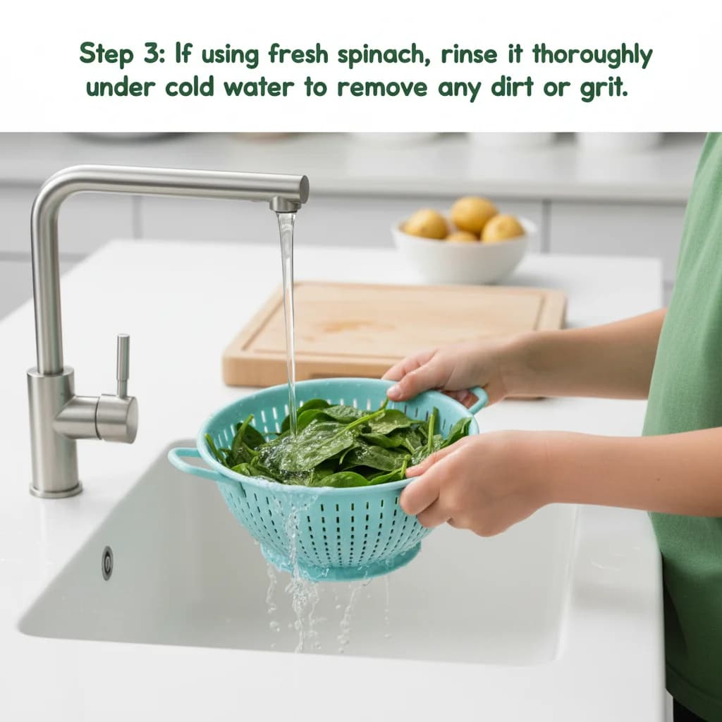 Step 3: If using fresh spinach, rinse it thoroughly under cold water to remove any dirt or grit. for Green Goodness: Spinach & Potato Purée