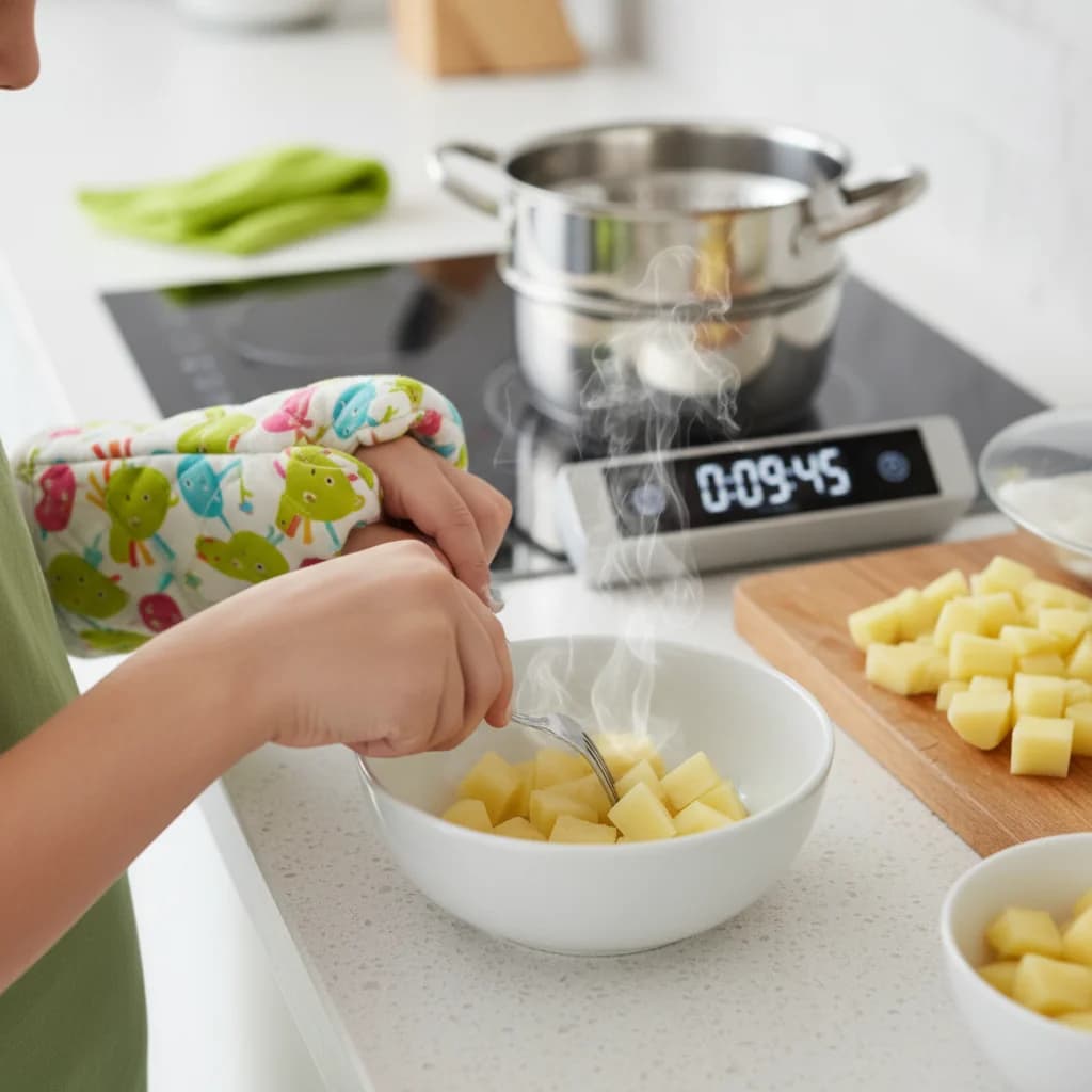 Step 5: Steam or boil the diced potato until very tender. This should take about 8-10 minutes. You should be for Green Goodness: Spinach & Potato Purée