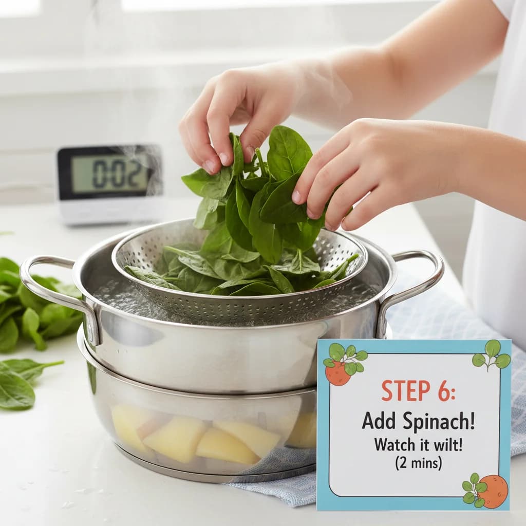 Step 6: If using fresh spinach, add it to the steamer or pot for the last 2 minutes of cooking with the pota for Green Goodness: Spinach & Potato Purée