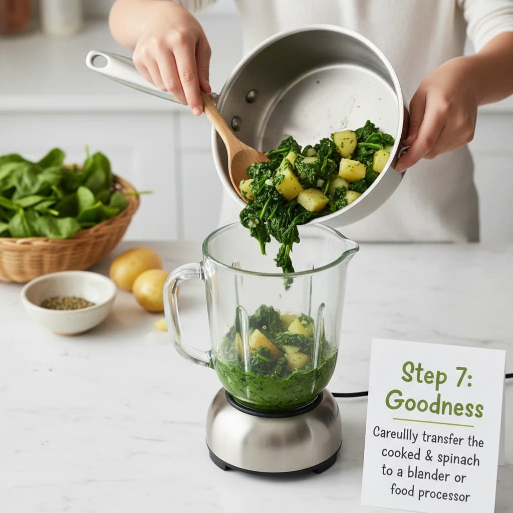 Step 7: Carefully transfer the cooked potato and spinach to a blender or food processor. for Green Goodness: Spinach & Potato Purée