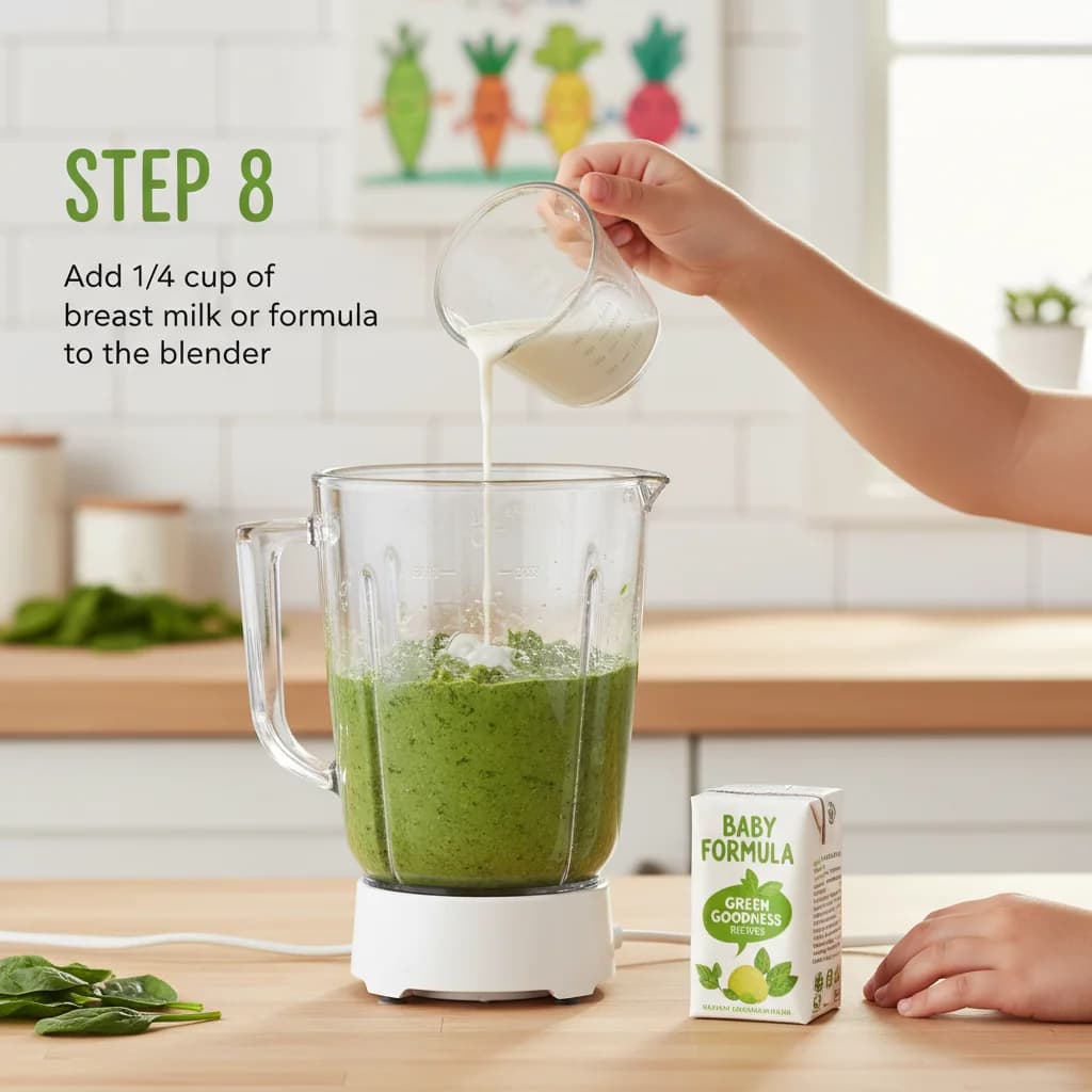 Step 8: Add 1/4 cup of breast milk or formula to the blender. for Green Goodness: Spinach & Potato Purée