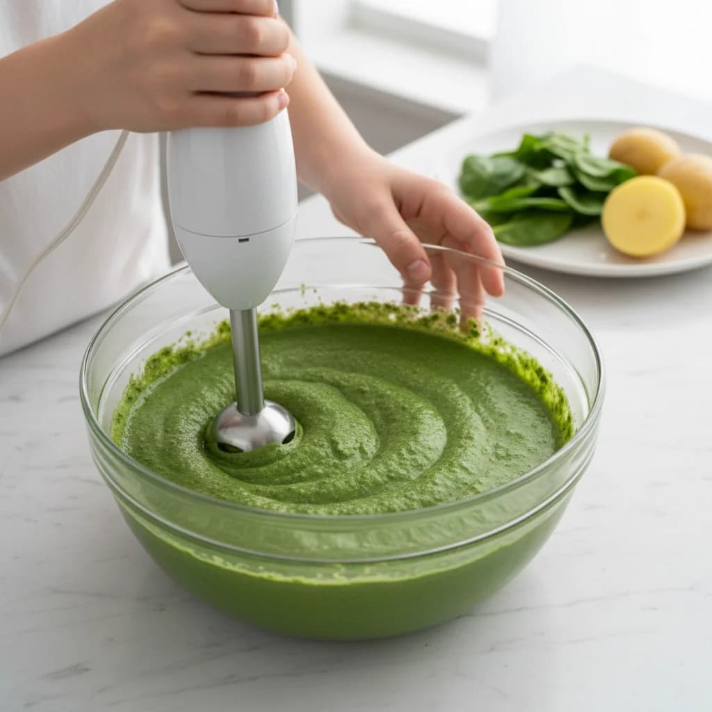Step 9: Blend until completely smooth and creamy. The potato helps the spinach blend into a nice thick purée for Green Goodness: Spinach & Potato Purée