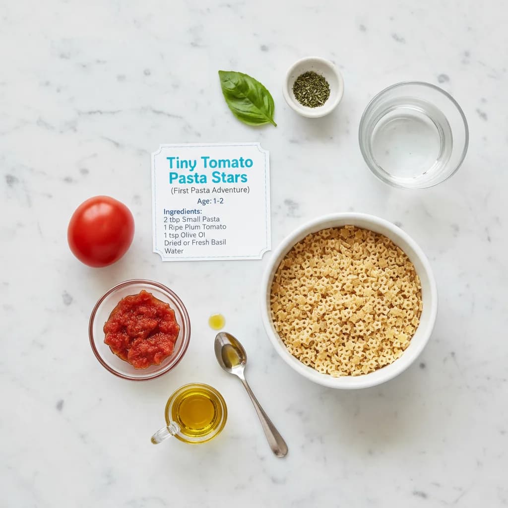 All ingredients needed for Tiny Tomato Pasta Stars (First Pasta Adventure) arranged on a clean surface