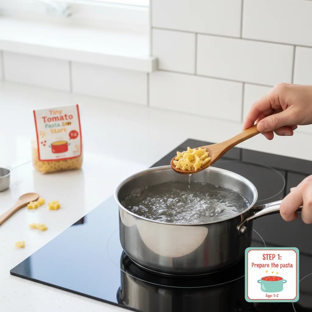 Step 1: Prepare the pasta: Bring a small saucepan of water (about 2 cups) to a rolling boil over high heat. for Tiny Tomato Pasta Stars (First Pasta Adventure)