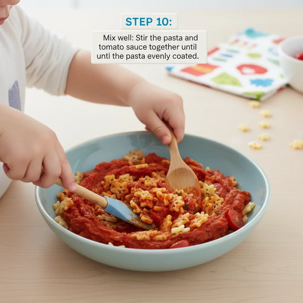 Step 10: Mix well: Stir the pasta and tomato sauce together until the pasta is evenly coated. for Tiny Tomato Pasta Stars (First Pasta Adventure)